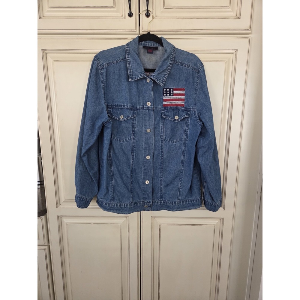 Vtg‎ Denim & Co Denim Jacket Americana Flag Women's Large Usa Lightweight